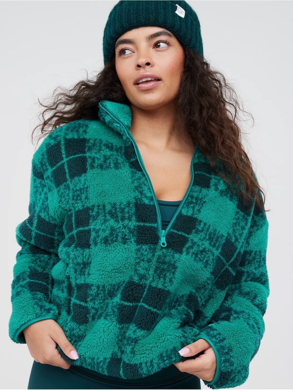 Aerie Cozy Teal Green Sherpa Quarter-Zip Pullover